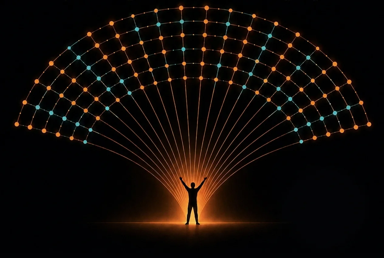A person with arms raised at the center of a wide fan of connected AI agents