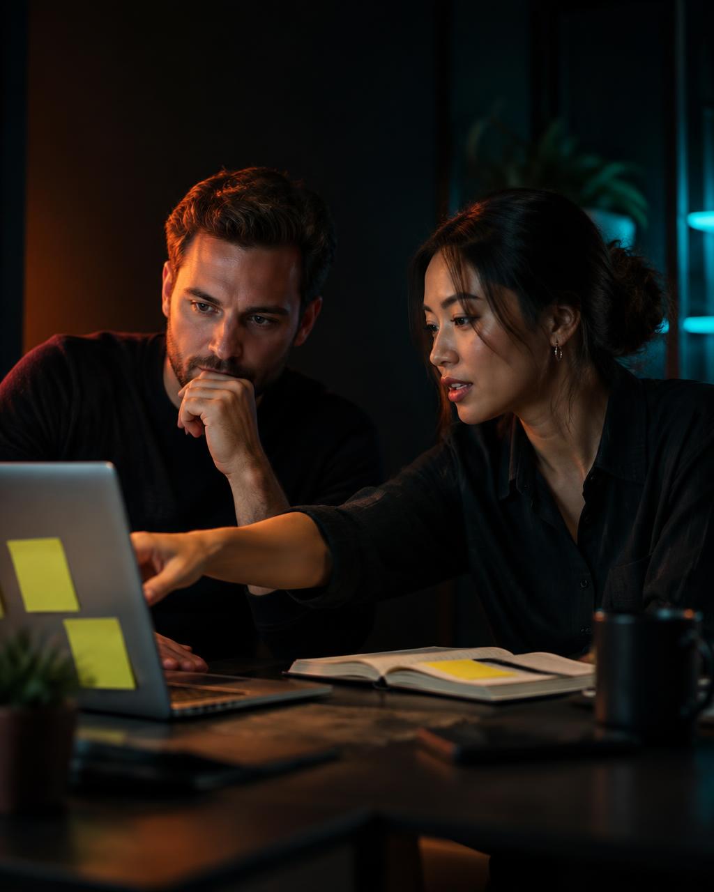 Two marketing colleagues talking and working through ideas at a laptop